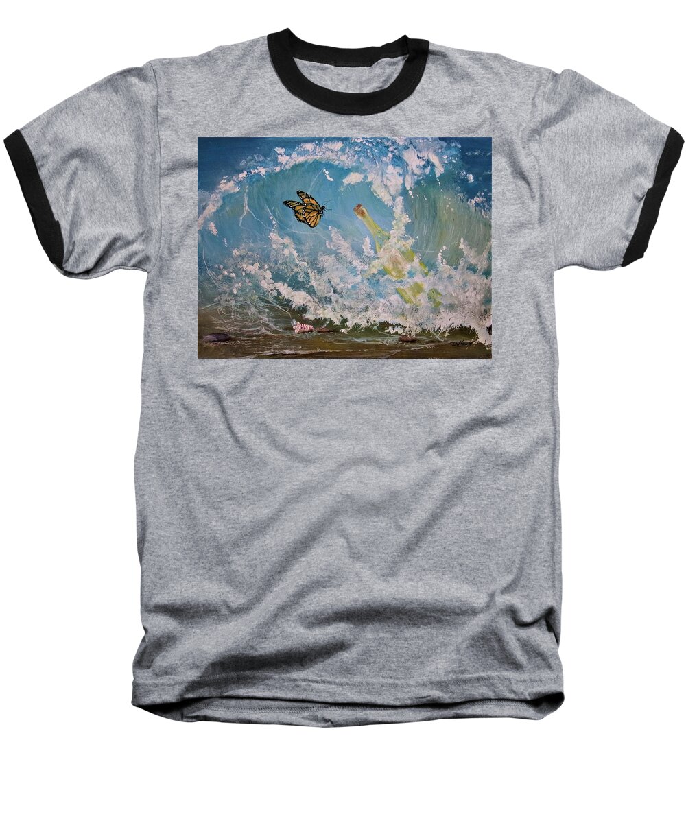 Monarch Baseball T-Shirt featuring the painting The Crossing by Michael Dillon