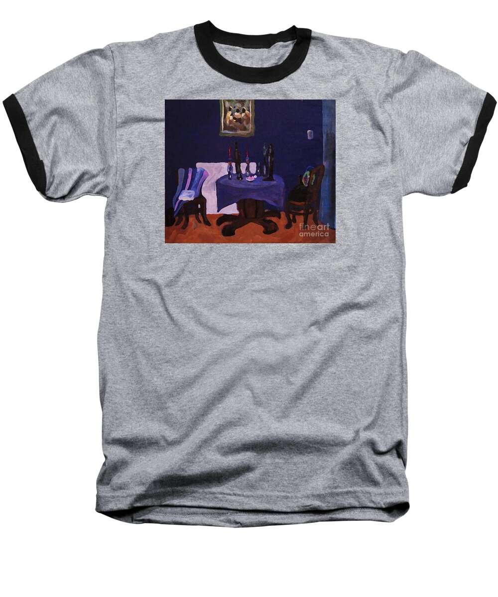 Talbe Chairs Dining Room Candles Blue Painting Baseball T-Shirt featuring the painting The Dining Room by Reb Frost