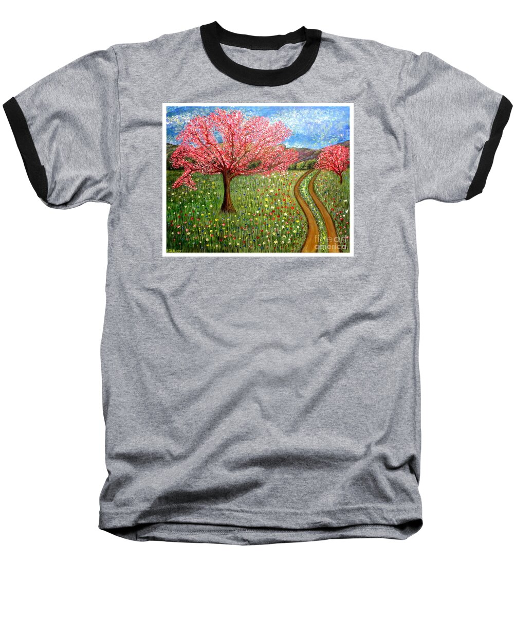 Colorful Field Or Meadow Of Flowers Bright Colors Blue Baseball T-Shirt featuring the painting The Enchanted Fairy Garden Meadow by Kimberlee Baxter
