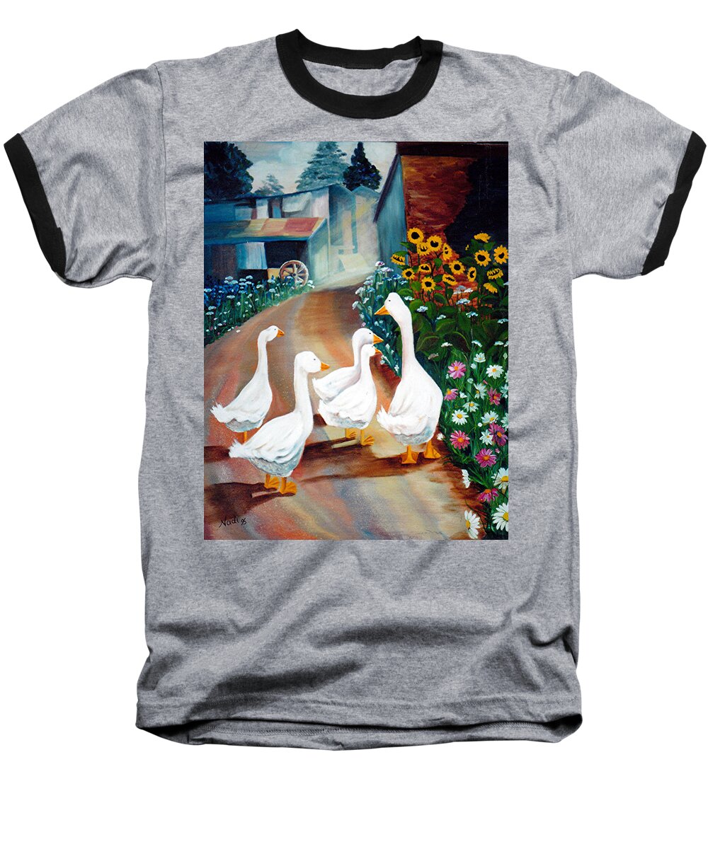 Geese Baseball T-Shirt featuring the painting The Gaggle by Renate Wesley