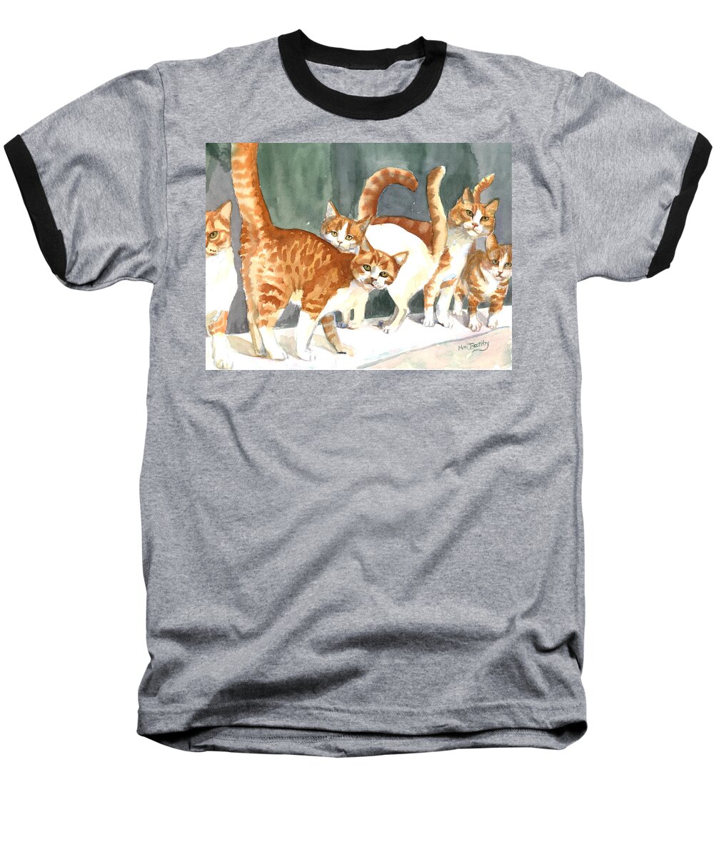 Ginger Cats Baseball T-Shirt featuring the painting The Ginger Gang by Mimi Boothby