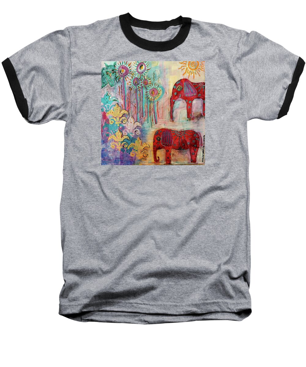 Elephants Baseball T-Shirt featuring the mixed media The Guardians of Night and Day by Mimulux Patricia No