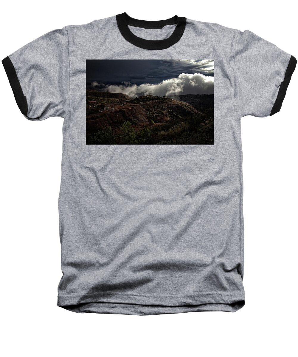 Douglas Mansion Baseball T-Shirt featuring the photograph The Jerome State Park with low lying clouds after storm by Ron Chilston