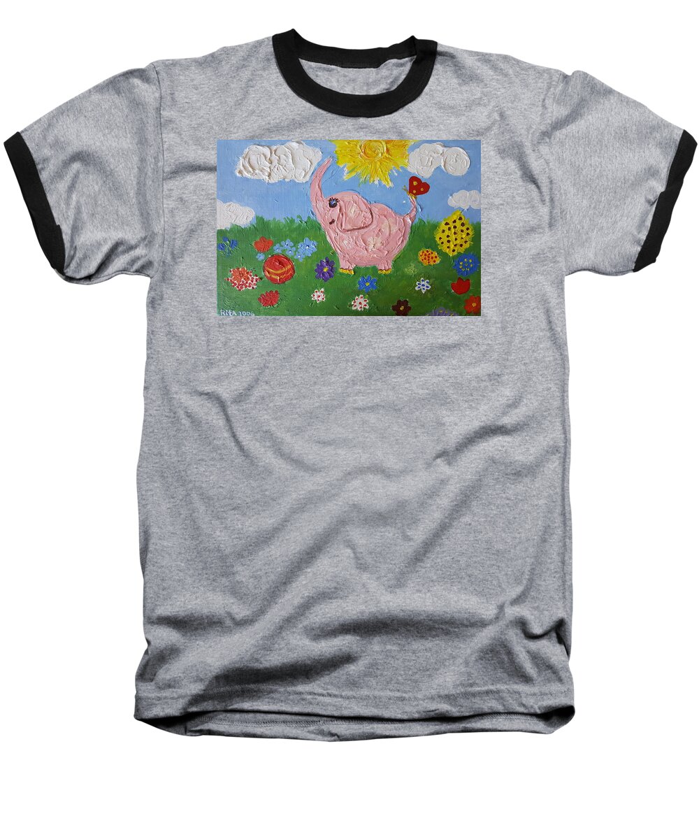 Elephant Baseball T-Shirt featuring the painting Little Pink Elephant by Rita Fetisov