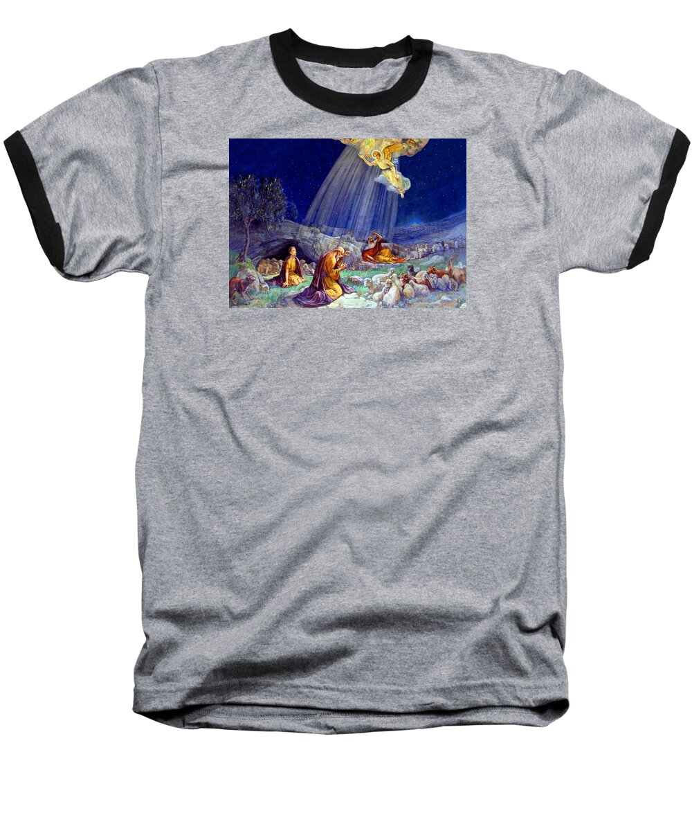 Shepherd Fields Baseball T-Shirt featuring the painting The Message to Shepherds by Munir Alawi