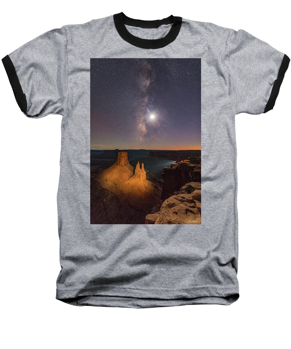 Moab Baseball T-Shirt featuring the photograph The Milky Way and the Moon from Marlboro Point by Dan Norris
