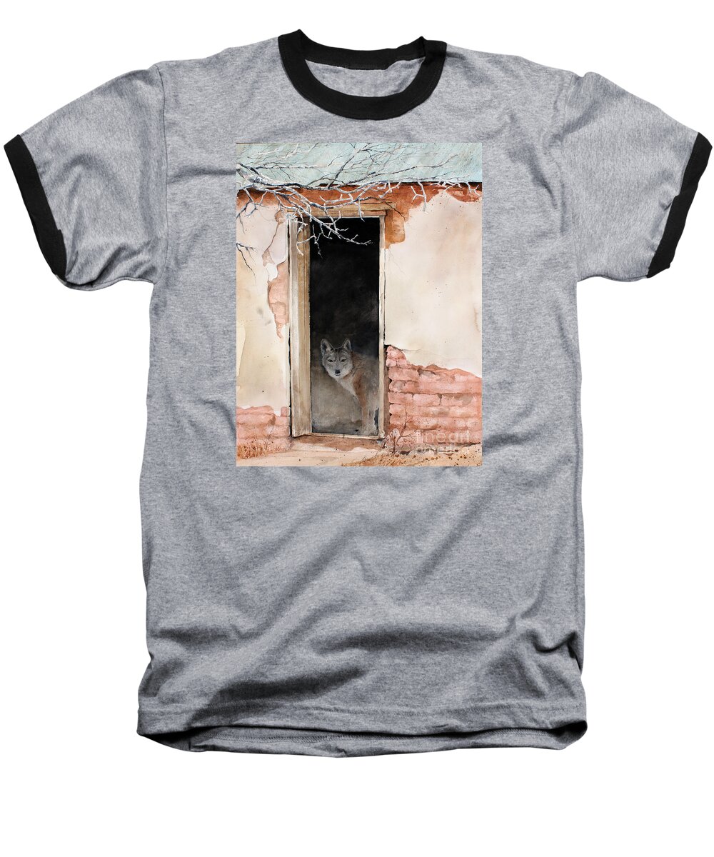 A Coyote Stands Inside The Doorway Of An Abandon Dwelling In A Deserted Town In New Mexico. Baseball T-Shirt featuring the painting The New Tenent by Monte Toon