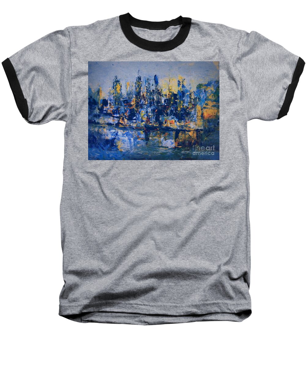 Abstract Acrylic City Painting Baseball T-Shirt featuring the painting The Night City by Nancy Kane Chapman