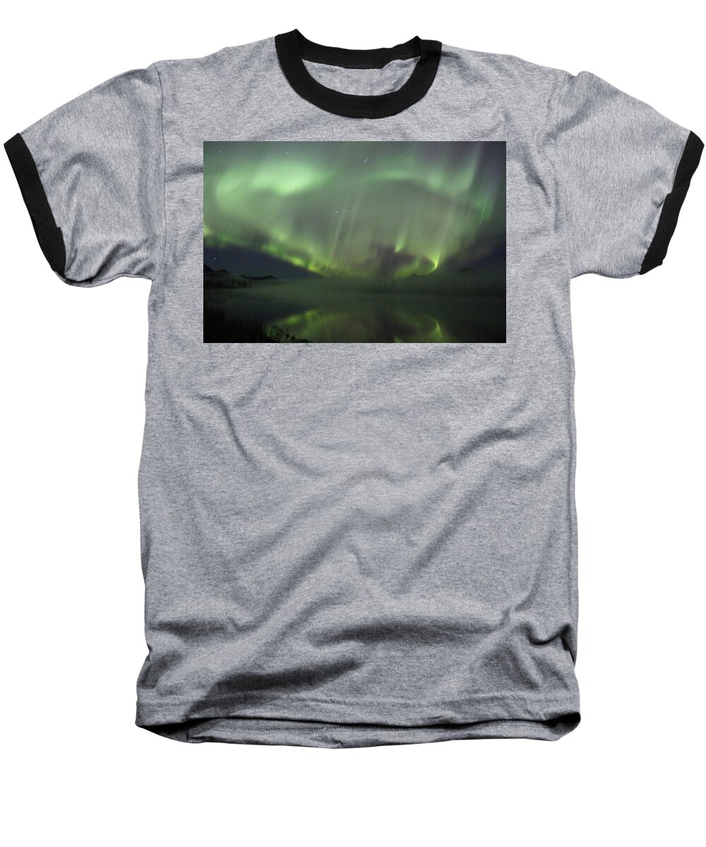 Northern Lights Baseball T-Shirt featuring the photograph The Northern Lights Over The Denali Highway's Twin Lakes by Steve Wolfe