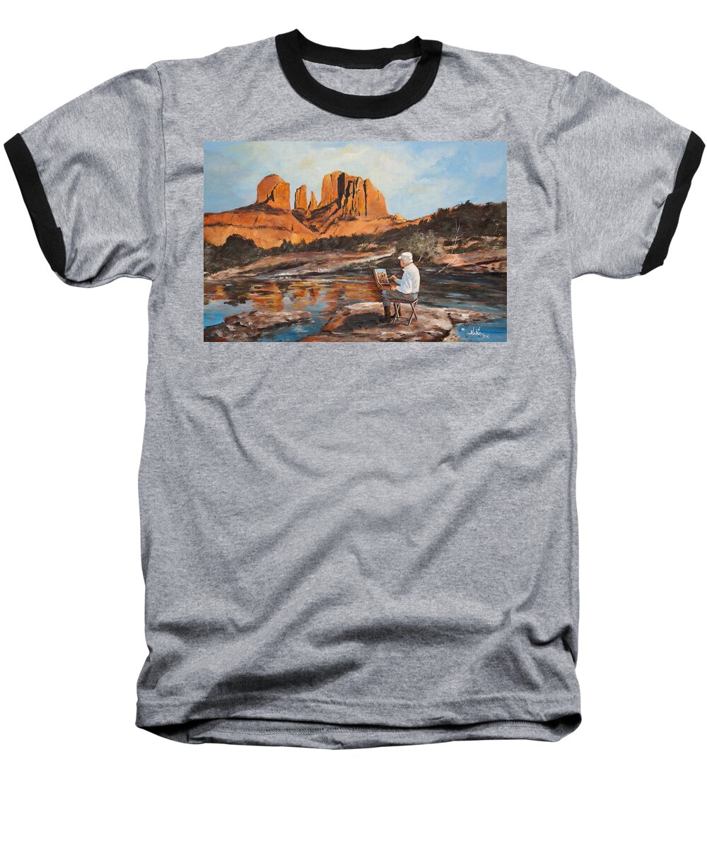 Sedona Baseball T-Shirt featuring the painting The Painter Woods by Alan Lakin