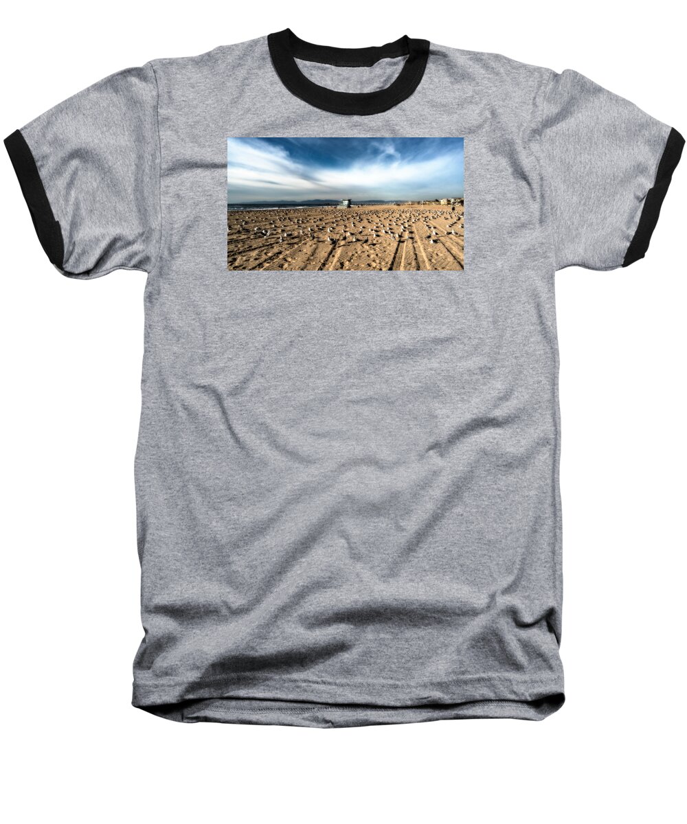 Seagulls Baseball T-Shirt featuring the photograph The Seagulls with Lifeguard Hut by Michael Hope
