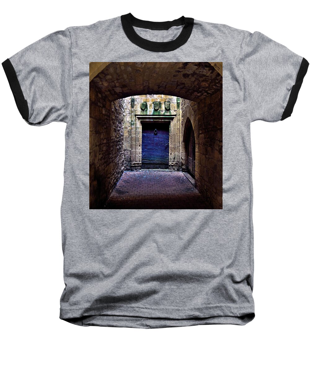 The Secret Behind The Medieval Blue Door Baseball T-Shirt featuring the photograph The Secret behind the Medieval Blue Door by Silva Wischeropp