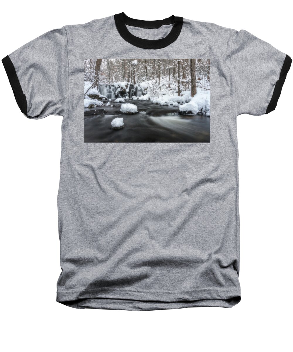 Rutland Ma Mass Massachusetts Waterfall Winter Snow Ice Water Falls Nature New England Newengland Outside Outdoors Natural Old Mill Site Woods Forest Secluded Hidden Secret Dreamy Long Exposure Brian Hale Brianhalephoto Snowing Peaceful Serene Serenity Baseball T-Shirt featuring the photograph The Secret Waterfall in Winter 2 by Brian Hale