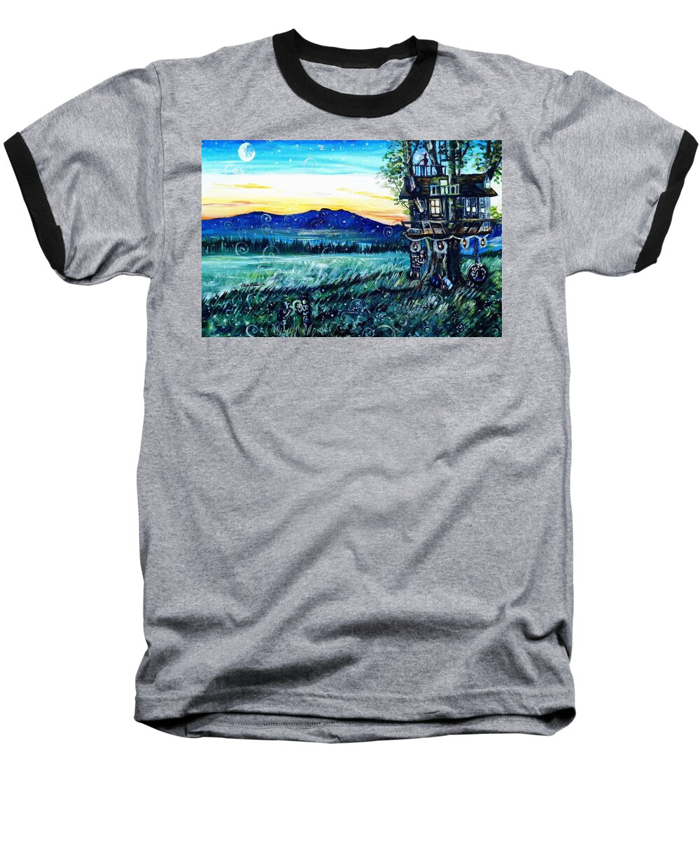 Treehouse Baseball T-Shirt featuring the painting The Sleepover by Shana Rowe Jackson