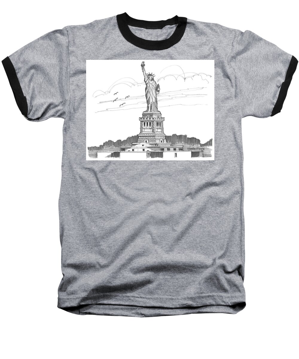 Landscape Baseball T-Shirt featuring the drawing The Statue of Liberty Lighthouse by Richard Wambach
