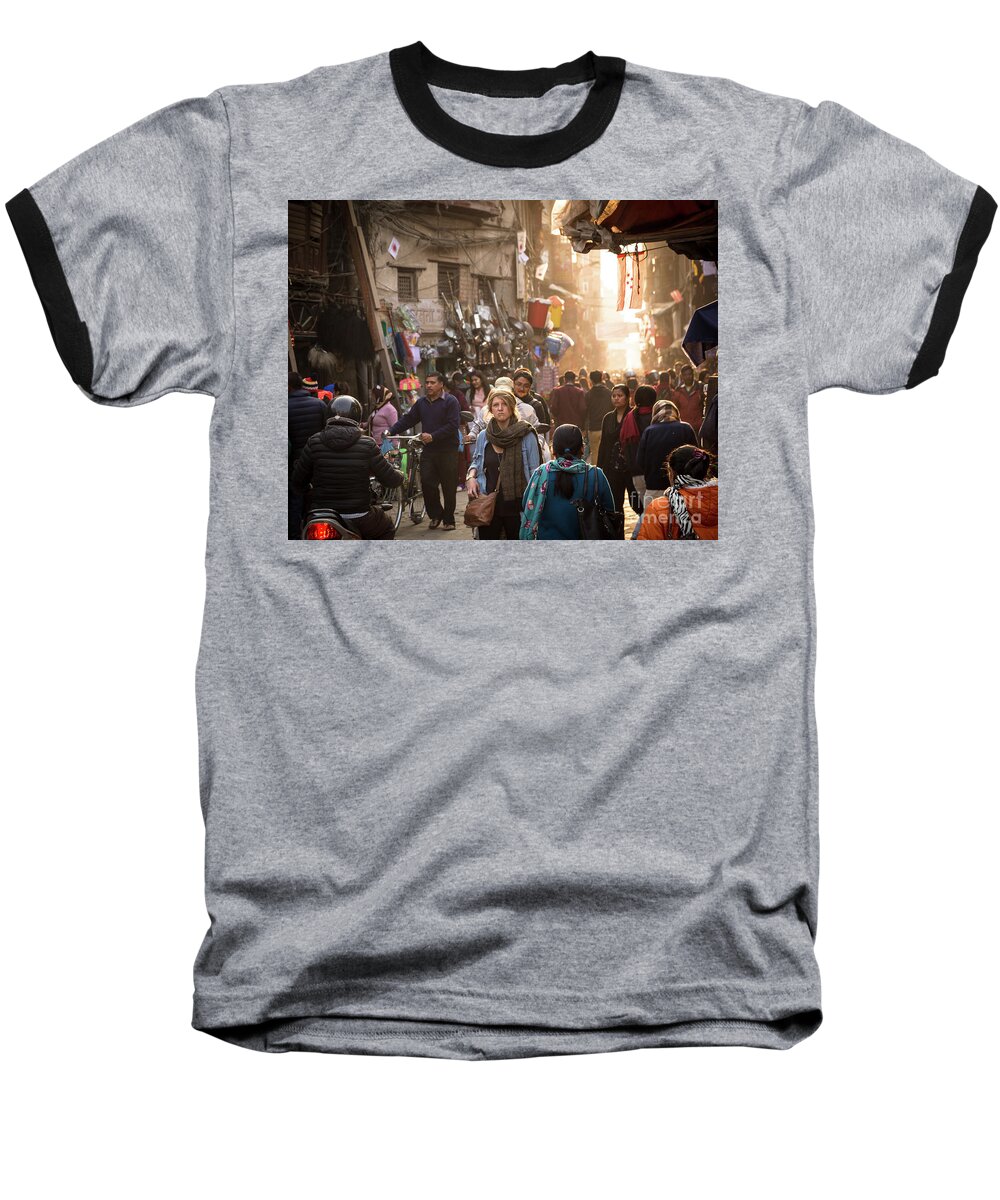 Capital Cities Baseball T-Shirt featuring the photograph The streets of Kathmandu by Didier Marti