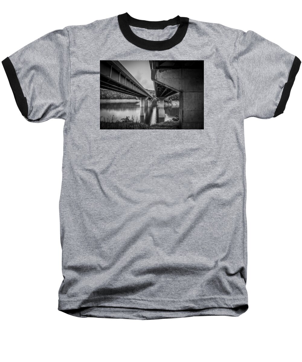 Kelly Hazel Baseball T-Shirt featuring the photograph The Underside of Two Bridges by Kelly Hazel