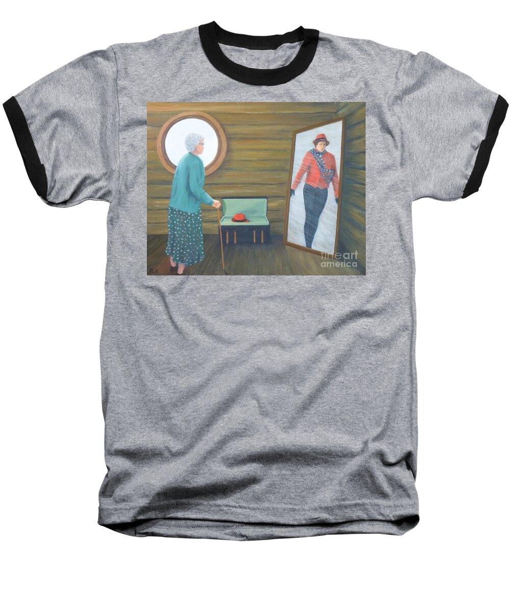Red Hat Baseball T-Shirt featuring the painting The Way We Were by Phyllis Andrews