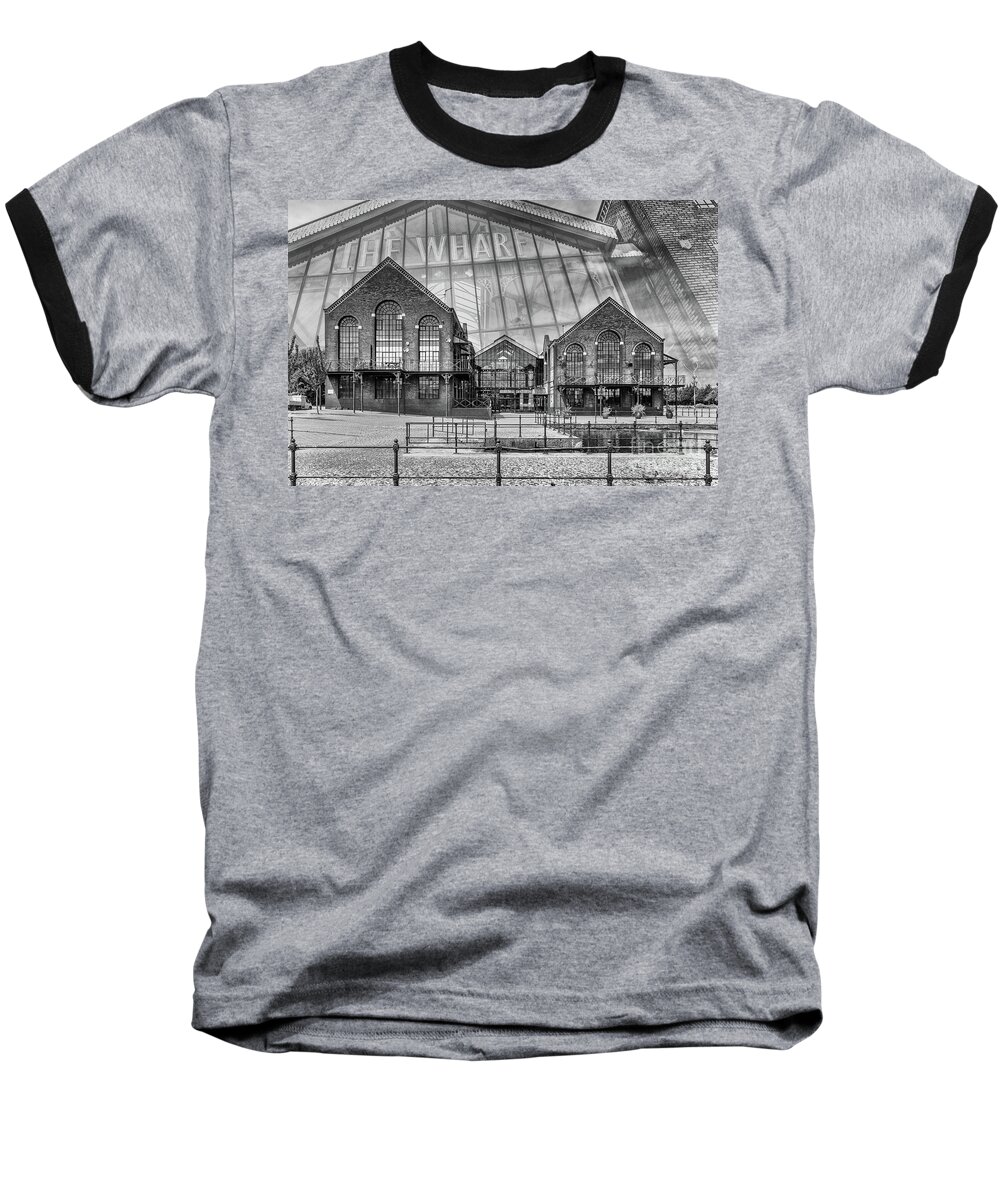 The Wharf Baseball T-Shirt featuring the photograph The Wharf Cardiff Bay Mono by Steve Purnell