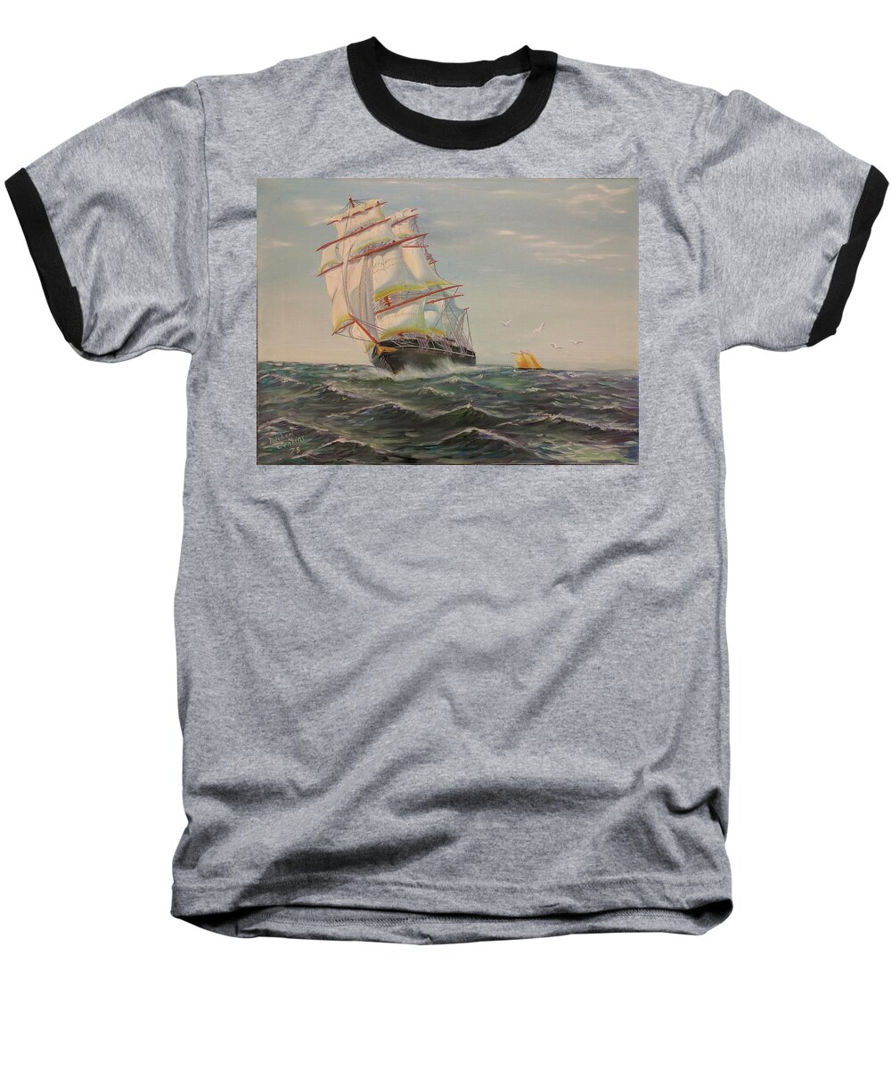 Tall Ship Baseball T-Shirt featuring the painting The Whole Nine Yards by Mike Jenkins