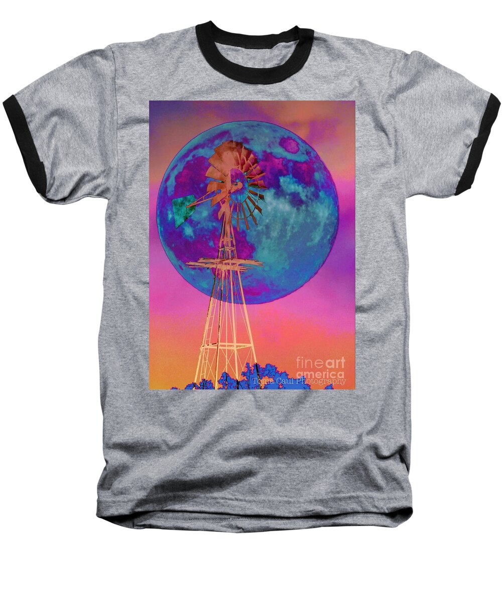 Moon Baseball T-Shirt featuring the photograph The Windmill and Moon in a Sherbet Sky by Toma Caul