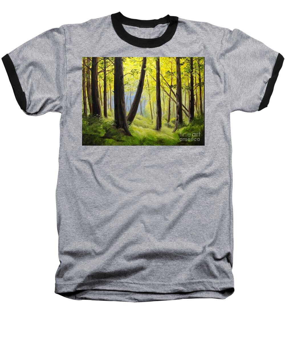 Trees Landscape Colour Light Shadow Bushes Leaves Grass Moss Yellow Green Brown Blue Bright Branches Dark Woods Forest Baseball T-Shirt featuring the painting The Woods by Ida Eriksen