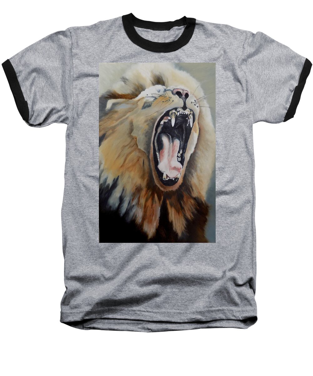 Lion Baseball T-Shirt featuring the painting The Yawn by Maris Sherwood