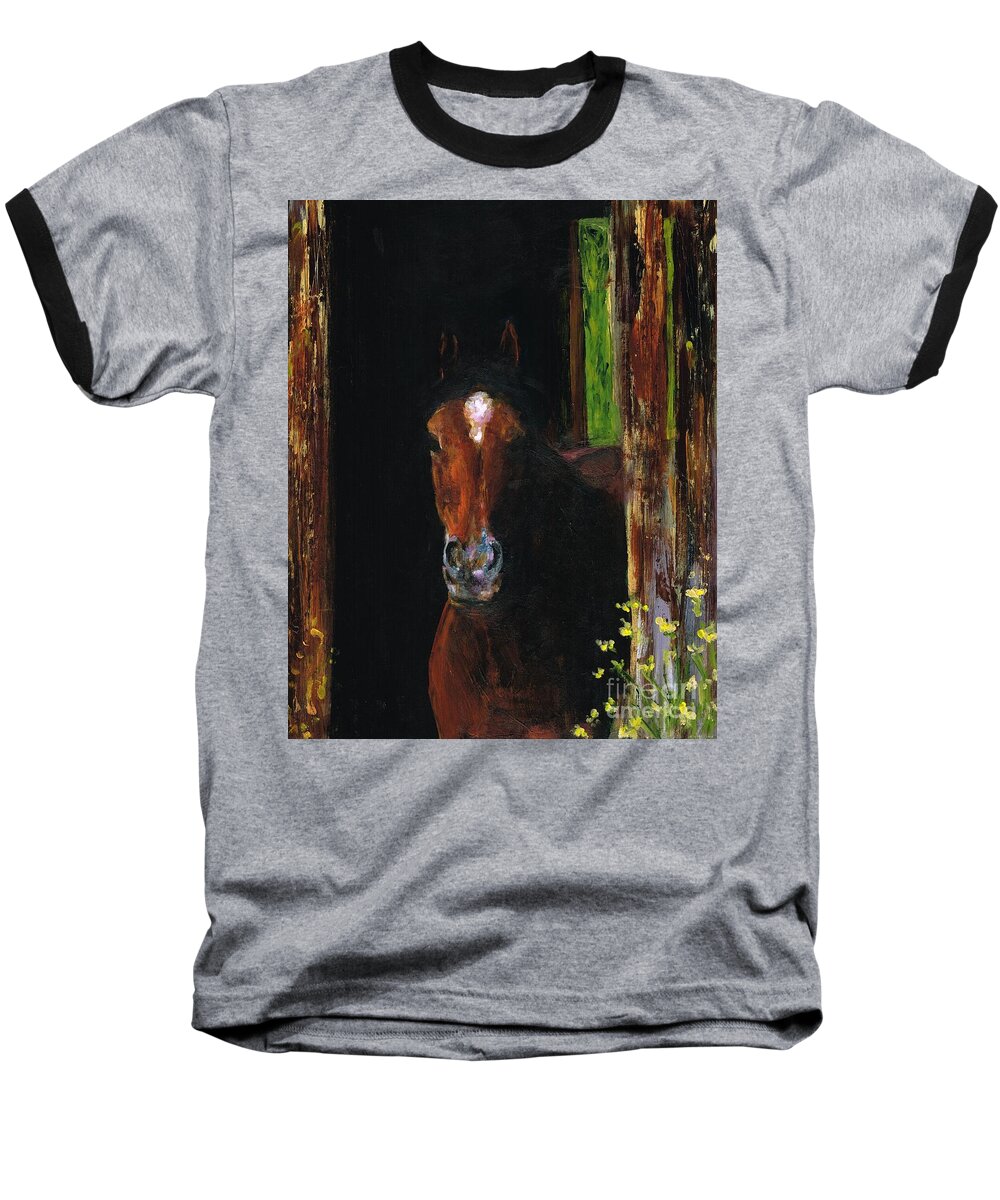 Horses Baseball T-Shirt featuring the painting Theres Bugs Out There by Frances Marino