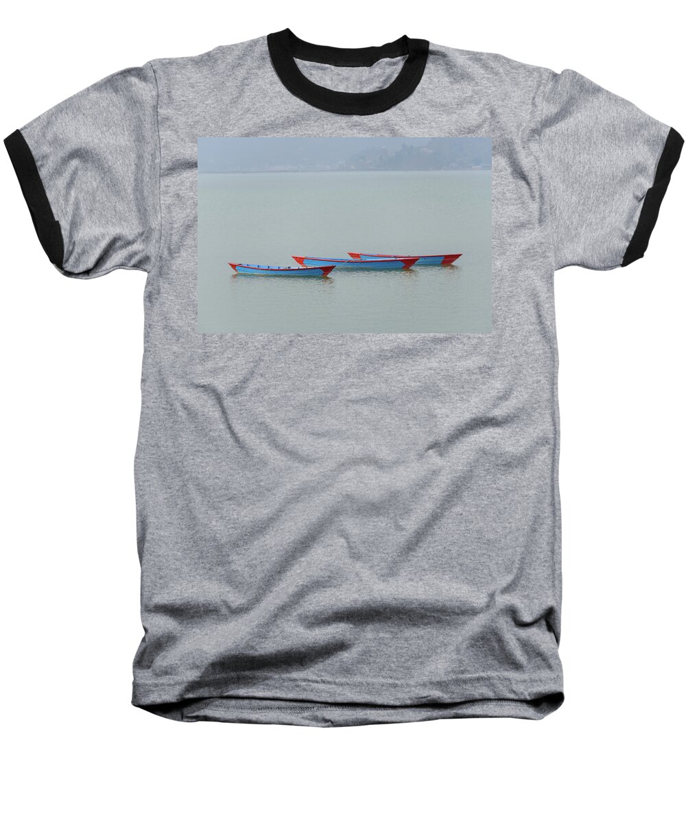 Boat Baseball T-Shirt featuring the photograph Three blue boats on Phewa Lake in Pokhara by Dutourdumonde Photography