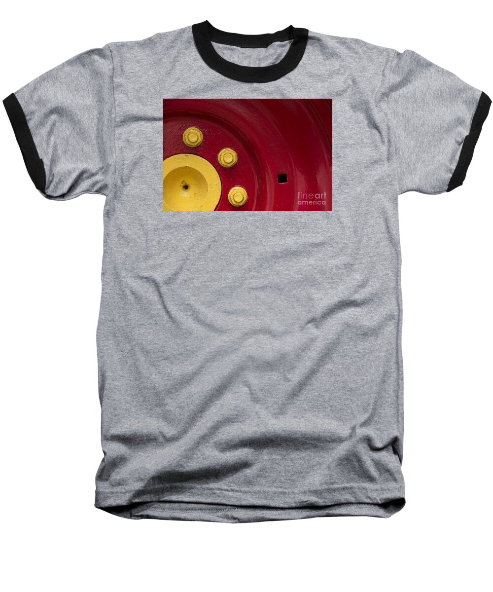 Three Baseball T-Shirt featuring the photograph Three Yellow Nuts On A Red Wheel by Wendy Wilton