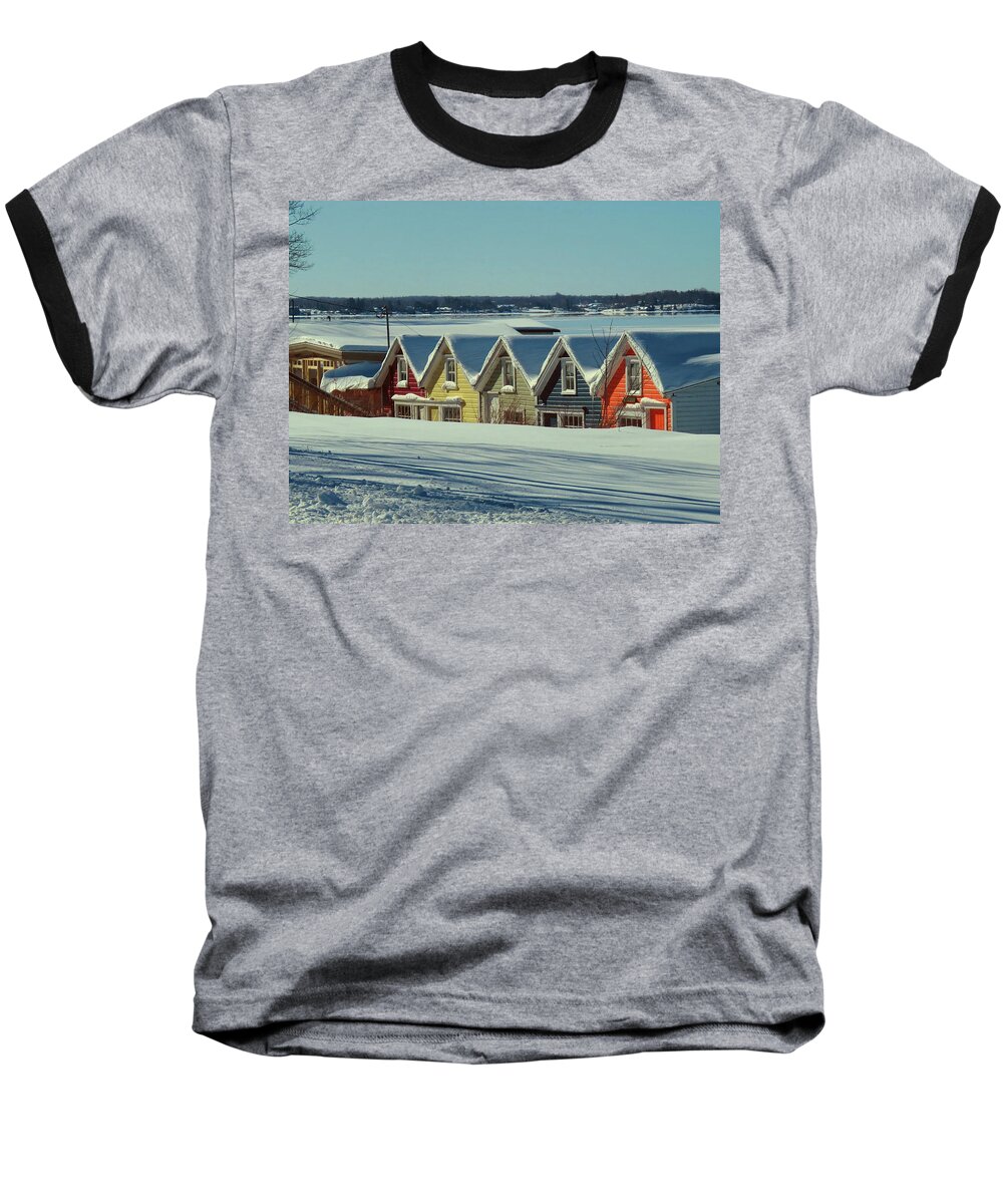 Thousand Islands Baseball T-Shirt featuring the photograph Winter View TI Park Boathouses by Dennis McCarthy