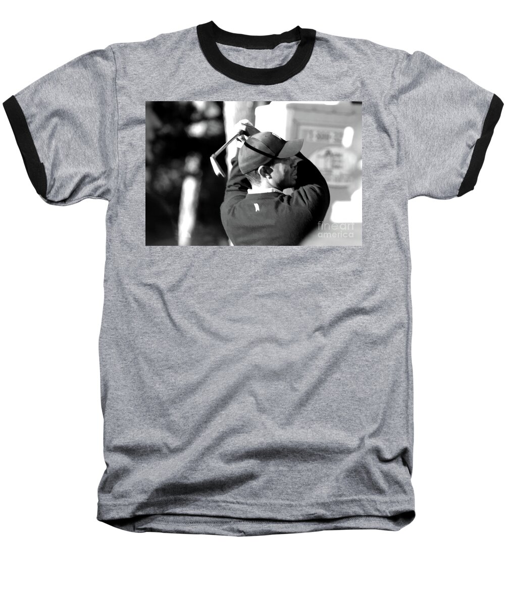 Golf Baseball T-Shirt featuring the photograph Tiger Woods Blk Wht by Chuck Kuhn