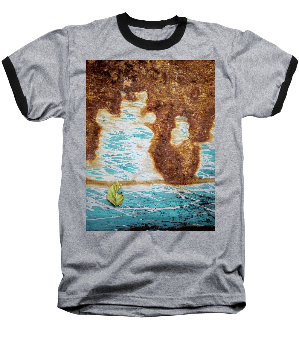 Abstract Baseball T-Shirt featuring the photograph Torn Leaf on Rusted Metal by Mary Lee Dereske