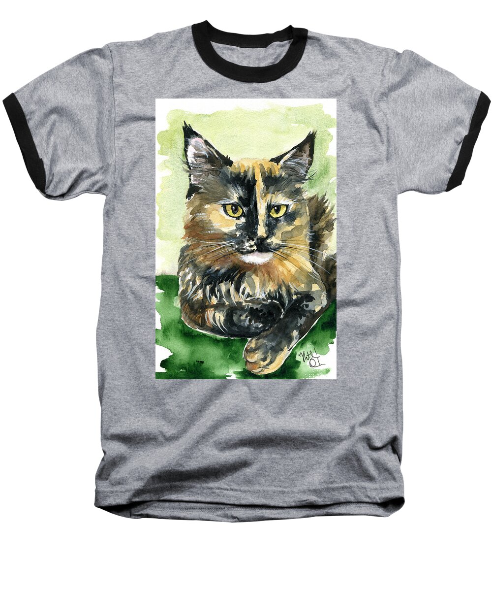 Cat Baseball T-Shirt featuring the painting Tortoiseshell Maine Coon Portrait by Dora Hathazi Mendes