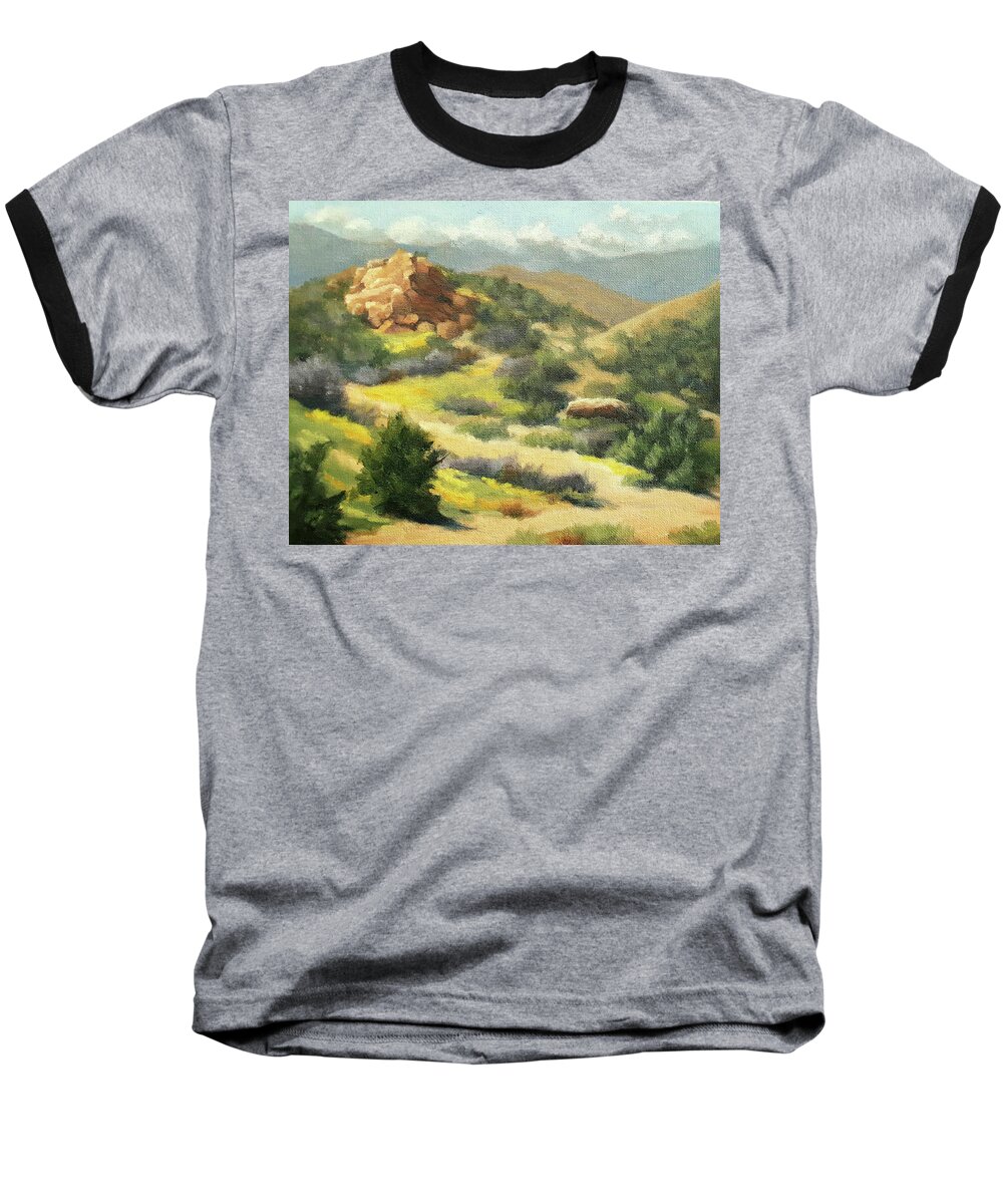 California Landscape Baseball T-Shirt featuring the painting Trails of Vasquez Canyon by Sandy Fisher
