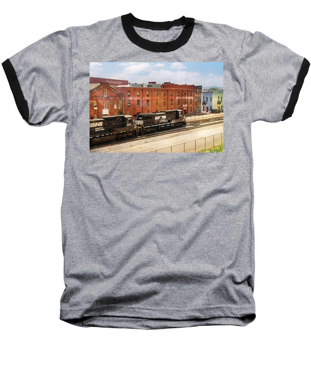Roanoke Virginia Baseball T-Shirt featuring the photograph Train - Engine - Now Arriving in Roanoke Virginia by Mike Savad