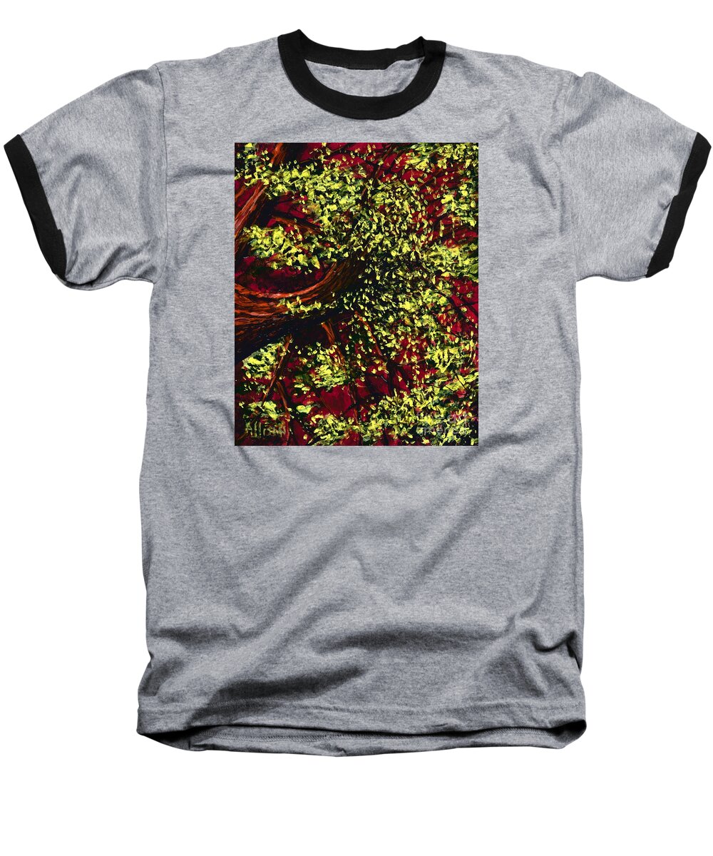 #trees #landscapes #red #green #forests #sunlight Baseball T-Shirt featuring the painting Tree with Red Sky by Allison Constantino