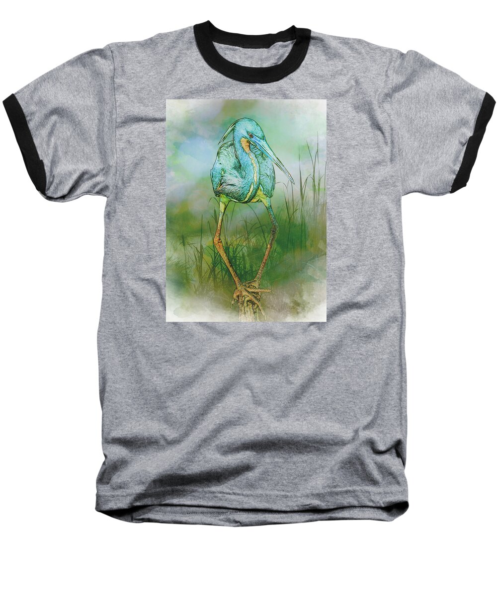 Bird Baseball T-Shirt featuring the photograph Tri-Colored Heron Balancing Act - Colorized by Patti Deters