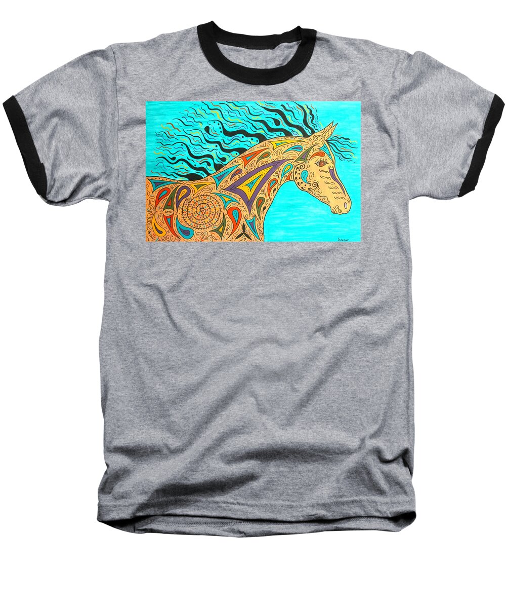 Horse Baseball T-Shirt featuring the painting Tribal Carnival Spirit Horse by Susie WEBER