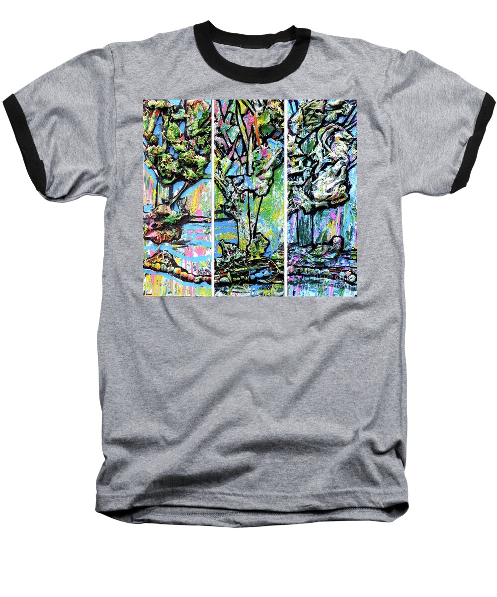 Trees Baseball T-Shirt featuring the mixed media Triptych Of Three Trees By A Brook by Genevieve Esson