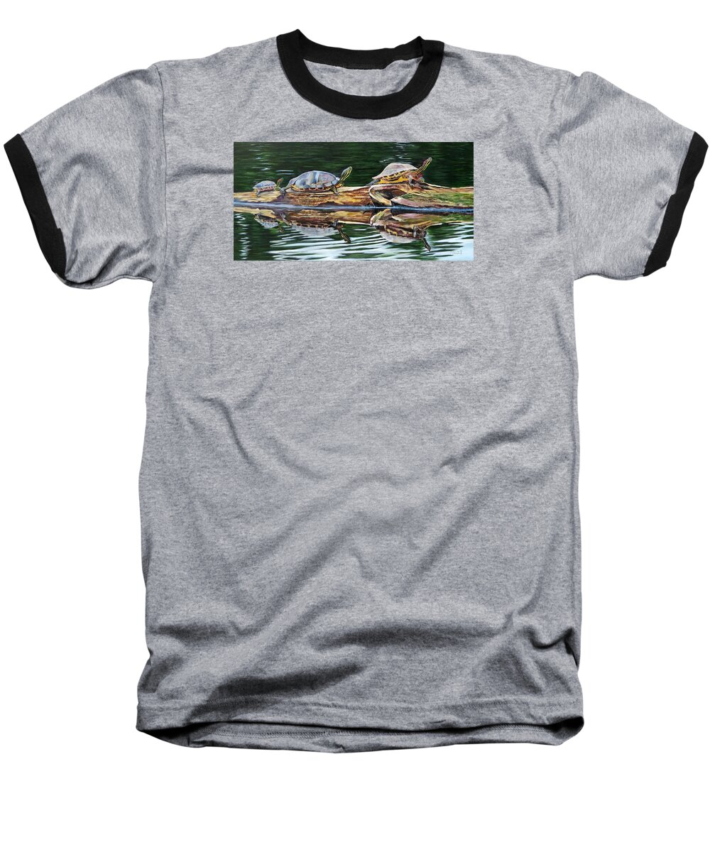 Red-eared Slider Baseball T-Shirt featuring the painting Turtle Family by Marilyn McNish