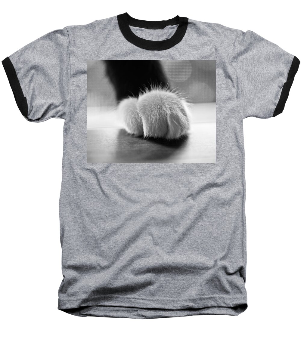 Tuxedo Baseball T-Shirt featuring the photograph Tuxedo cat paw black and white by Toby McGuire
