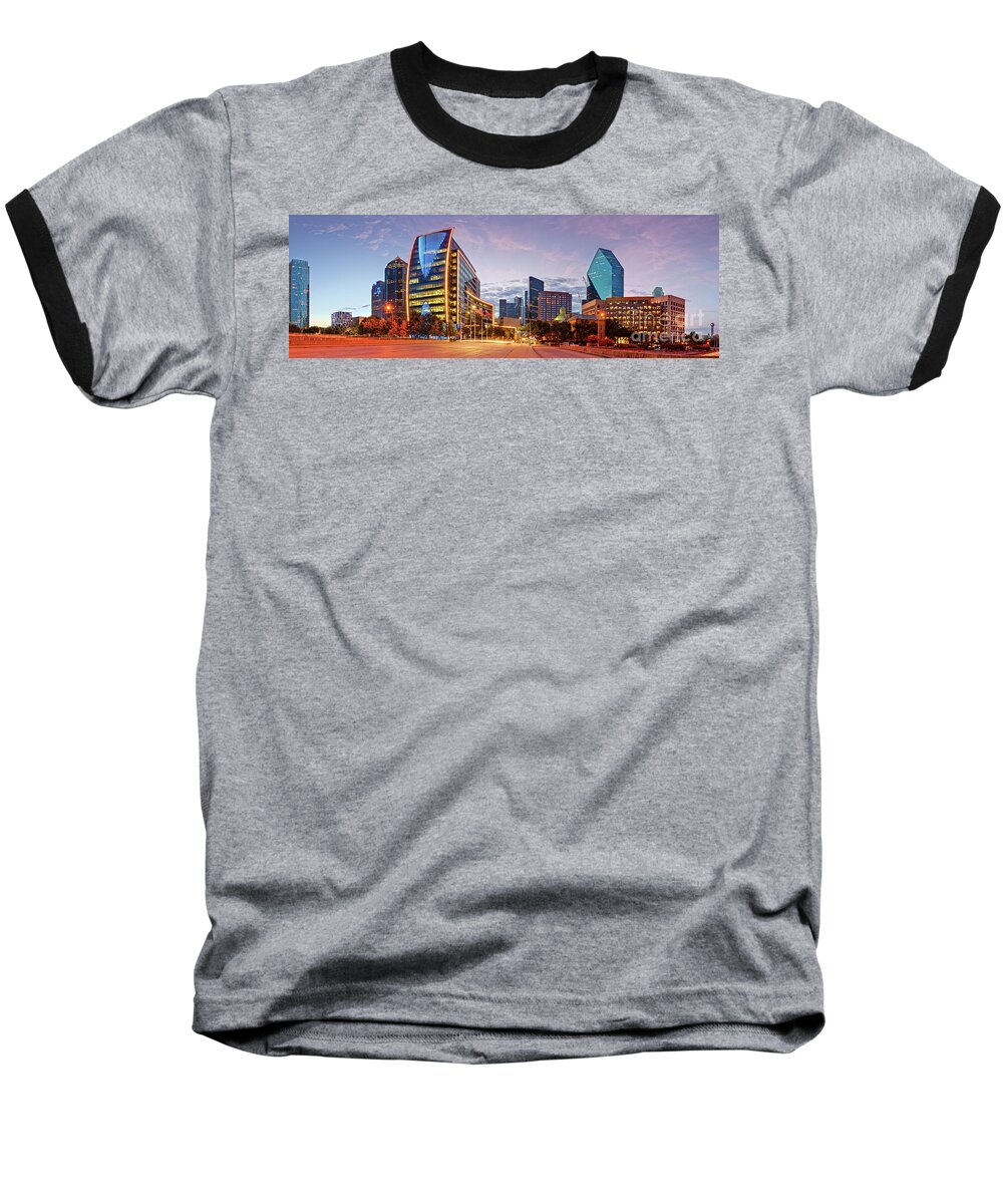 Downtown Baseball T-Shirt featuring the photograph Twilight Panorama of Downtown Dallas Skyline - North Akard Street Dallas Texas by Silvio Ligutti
