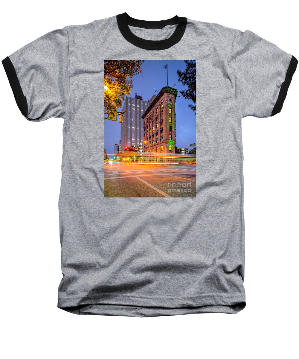 Downtown Baseball T-Shirt featuring the photograph Twilight Photograph of the Flatiron Building in Downtown Fort Worth - Texas by Silvio Ligutti