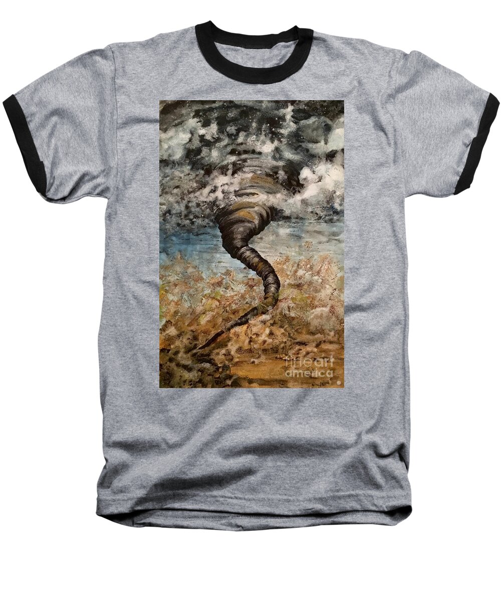  Tornado Baseball T-Shirt featuring the painting Twister on the Colorado Plains by Mastiff Studios