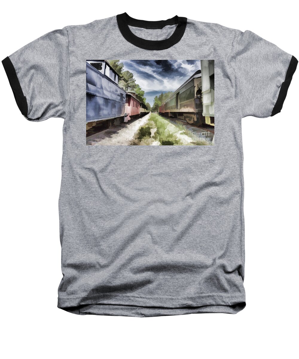 Railway Baseball T-Shirt featuring the photograph Twixt the Trains by Roberta Byram