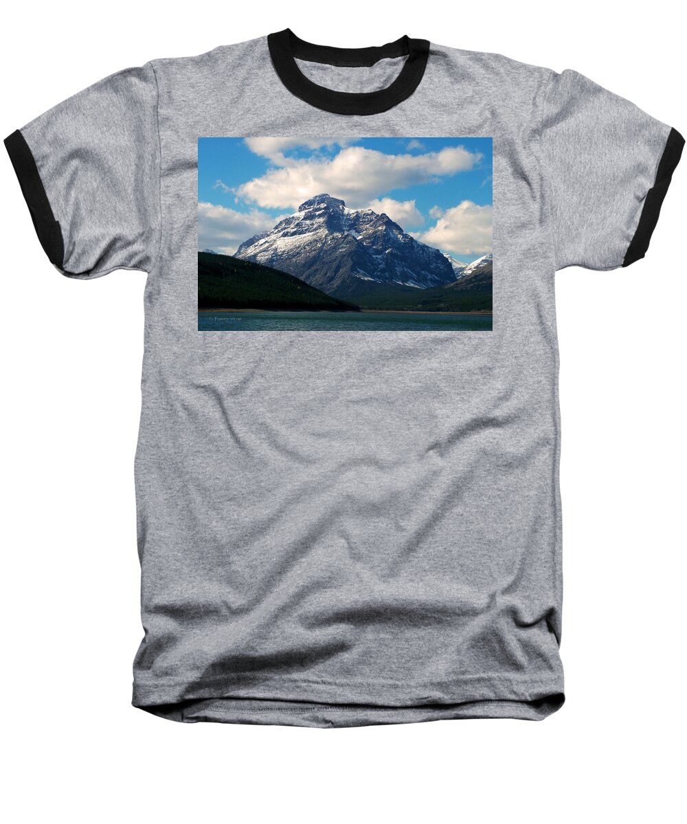 Rising Wolf Mountain Baseball T-Shirt featuring the photograph Two Medicine Lake and Rising Wolf Mountain by Tracey Vivar