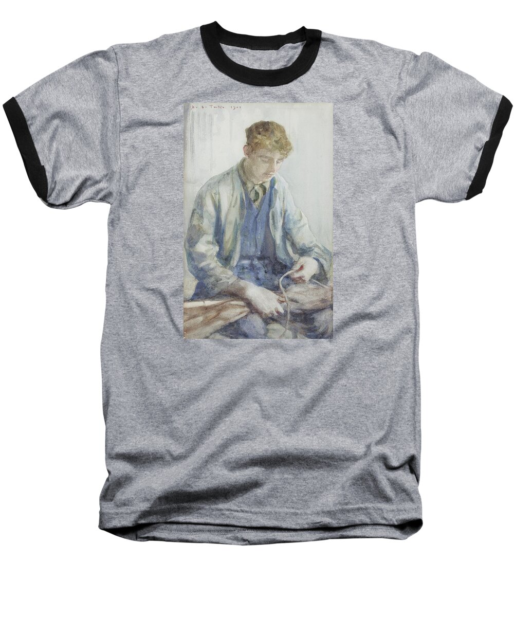 Tying Baseball T-Shirt featuring the painting Tying the Sail by Henry Scott Tuke