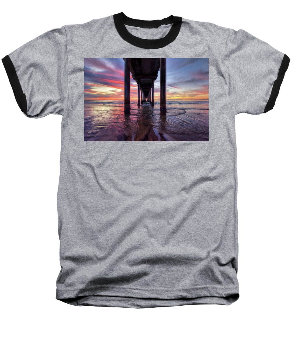 Mark Whitt Baseball T-Shirt featuring the photograph Under the Pier Sunset by Mark Whitt