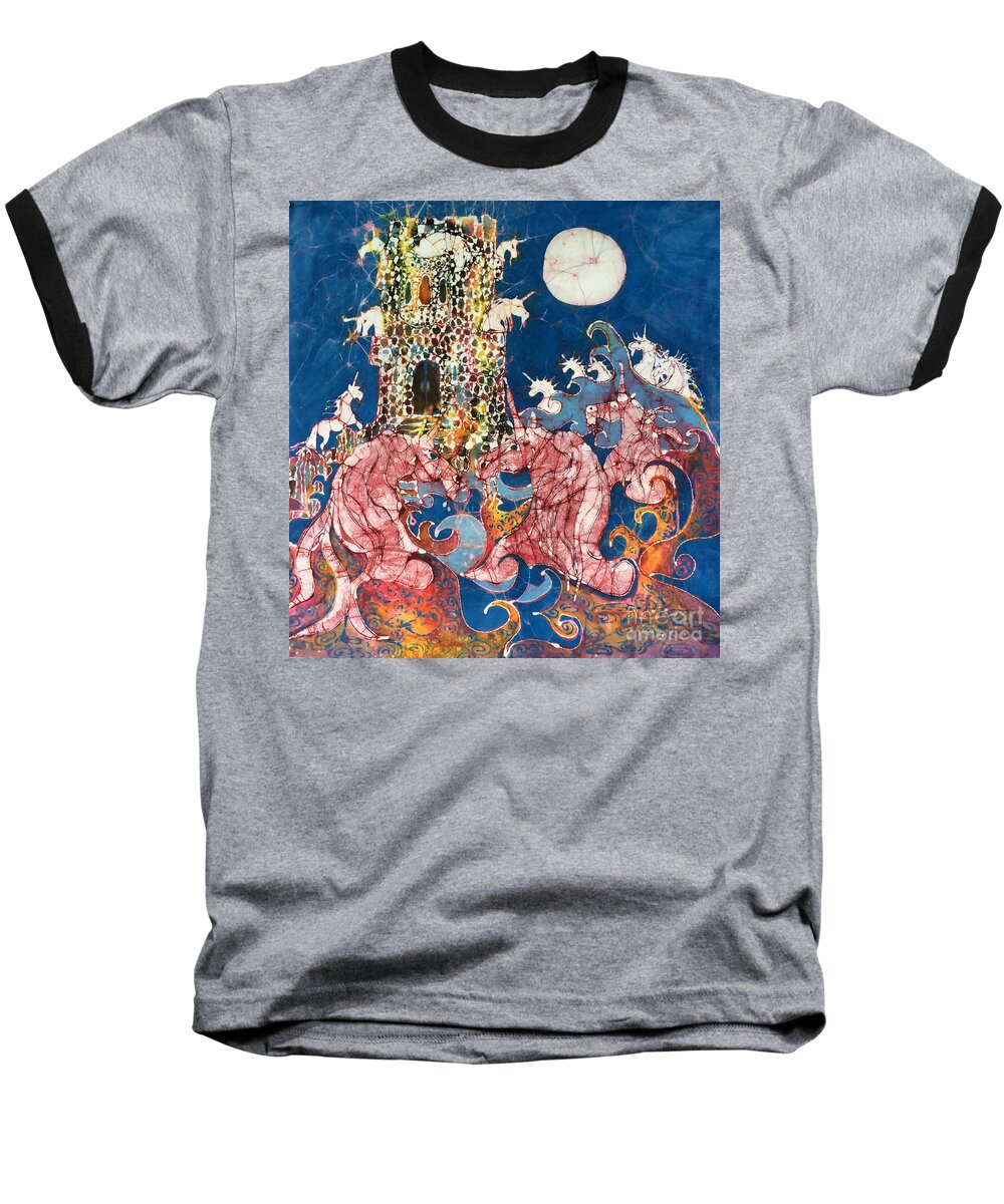 Unicorns Baseball T-Shirt featuring the tapestry - textile Unicorns Take Castle by Carol Law Conklin
